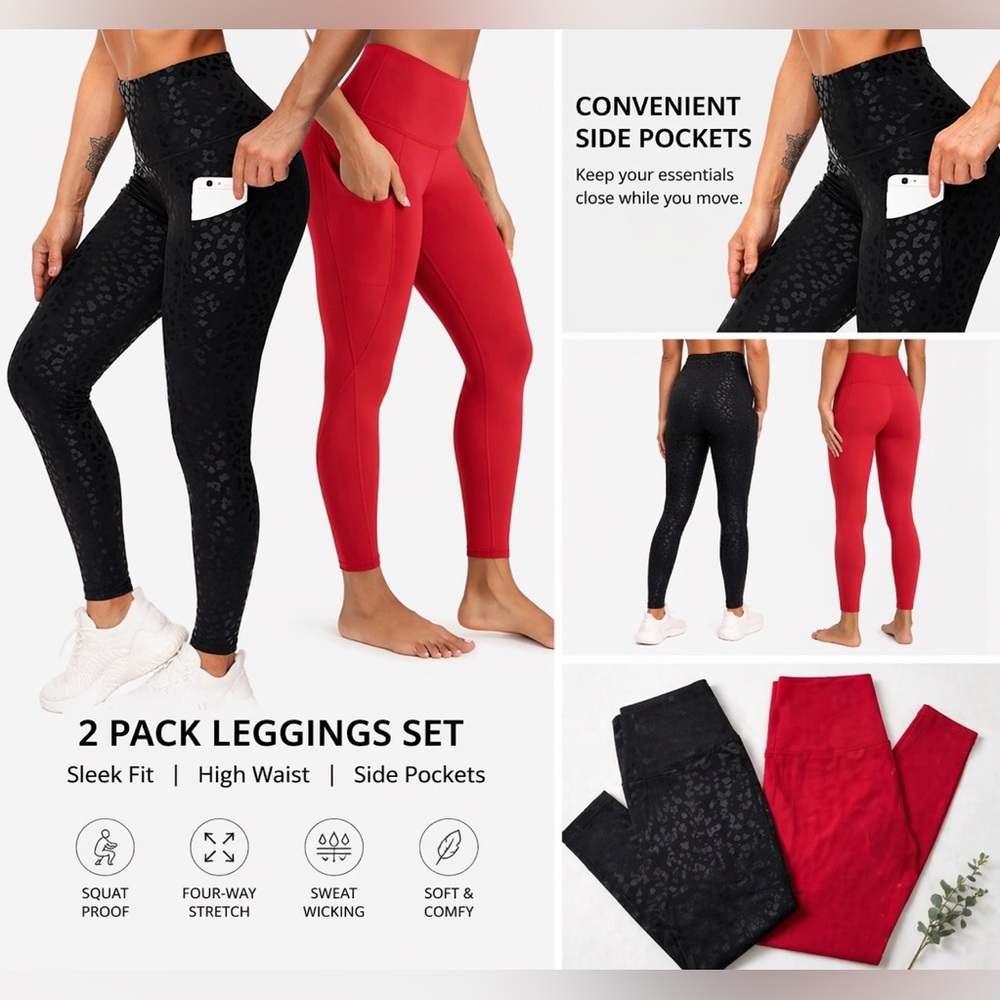 2-Pack High-Waist Leggings Set - Black & Red with Side Pockets